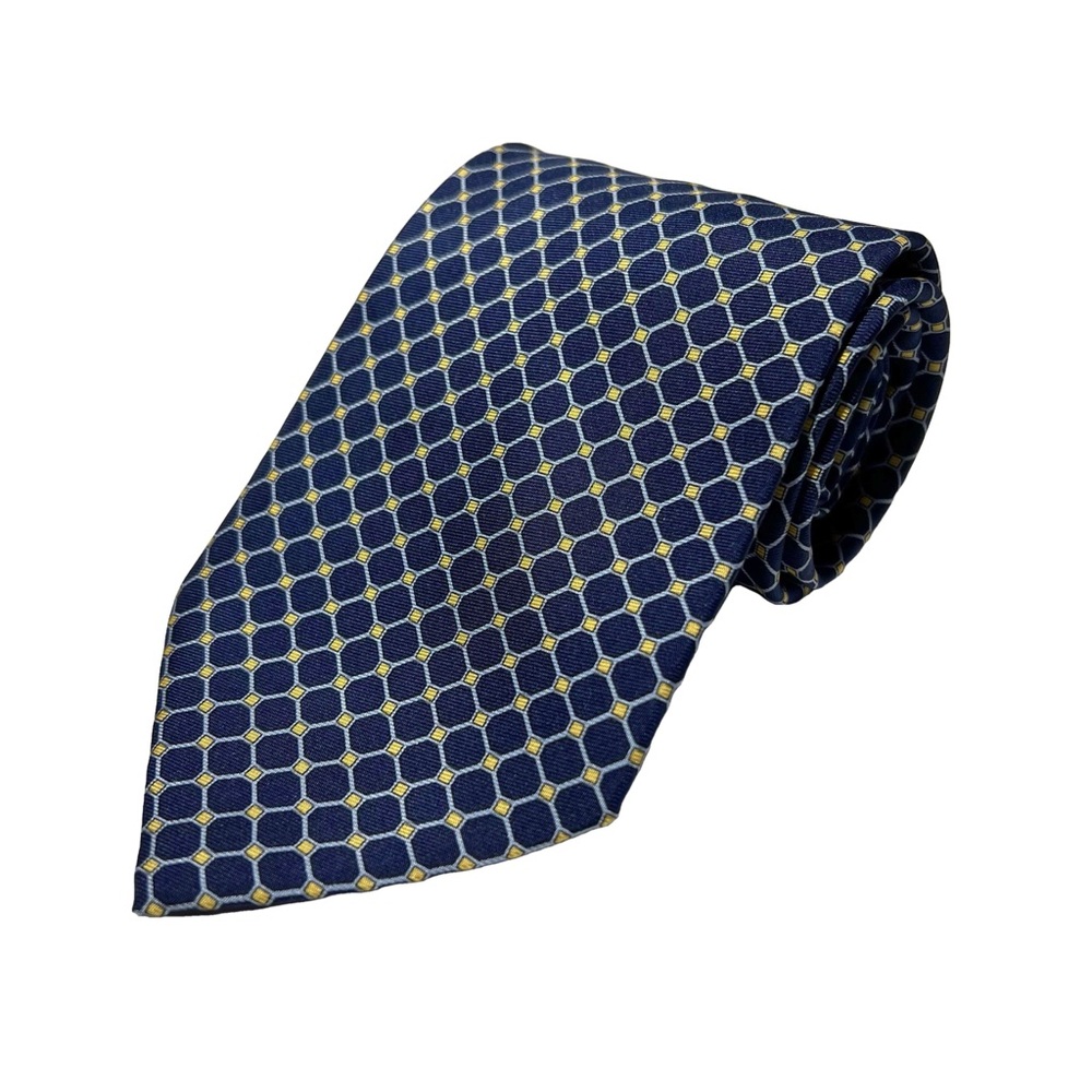 Tiffany & Co Navy Blue Yellow Geometric Grid Printed 100% Silk Made in Italy Tie